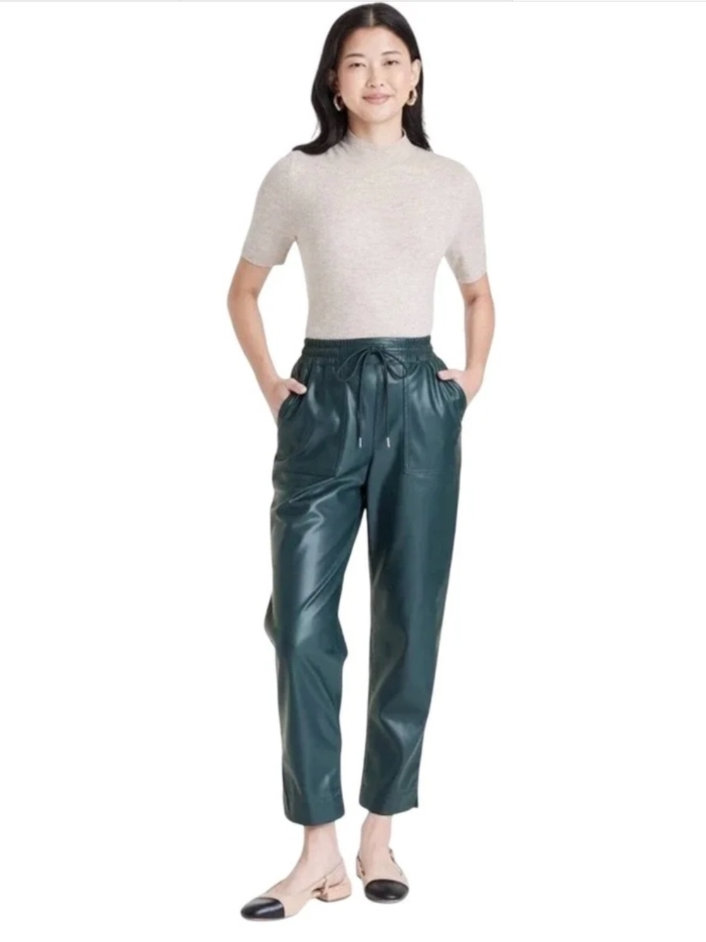 New Day High Rise Green Faux Leather Drawstring Ankle Pant